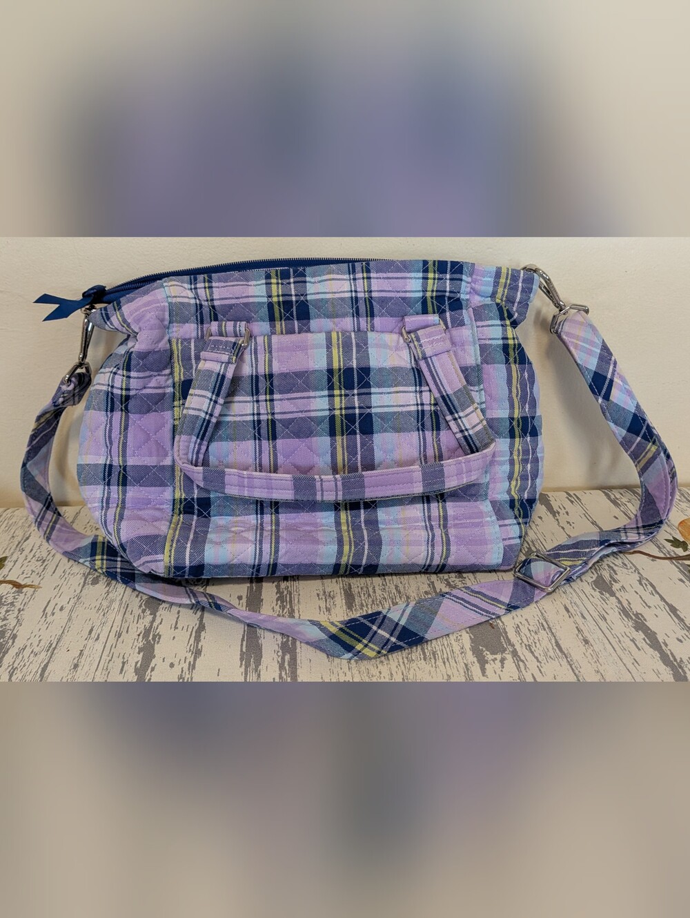 Vera Bradley Multi Strap Handbag, Zip Wallet and ID Pouch Set In Purple Plaid - Picture 2 of 10